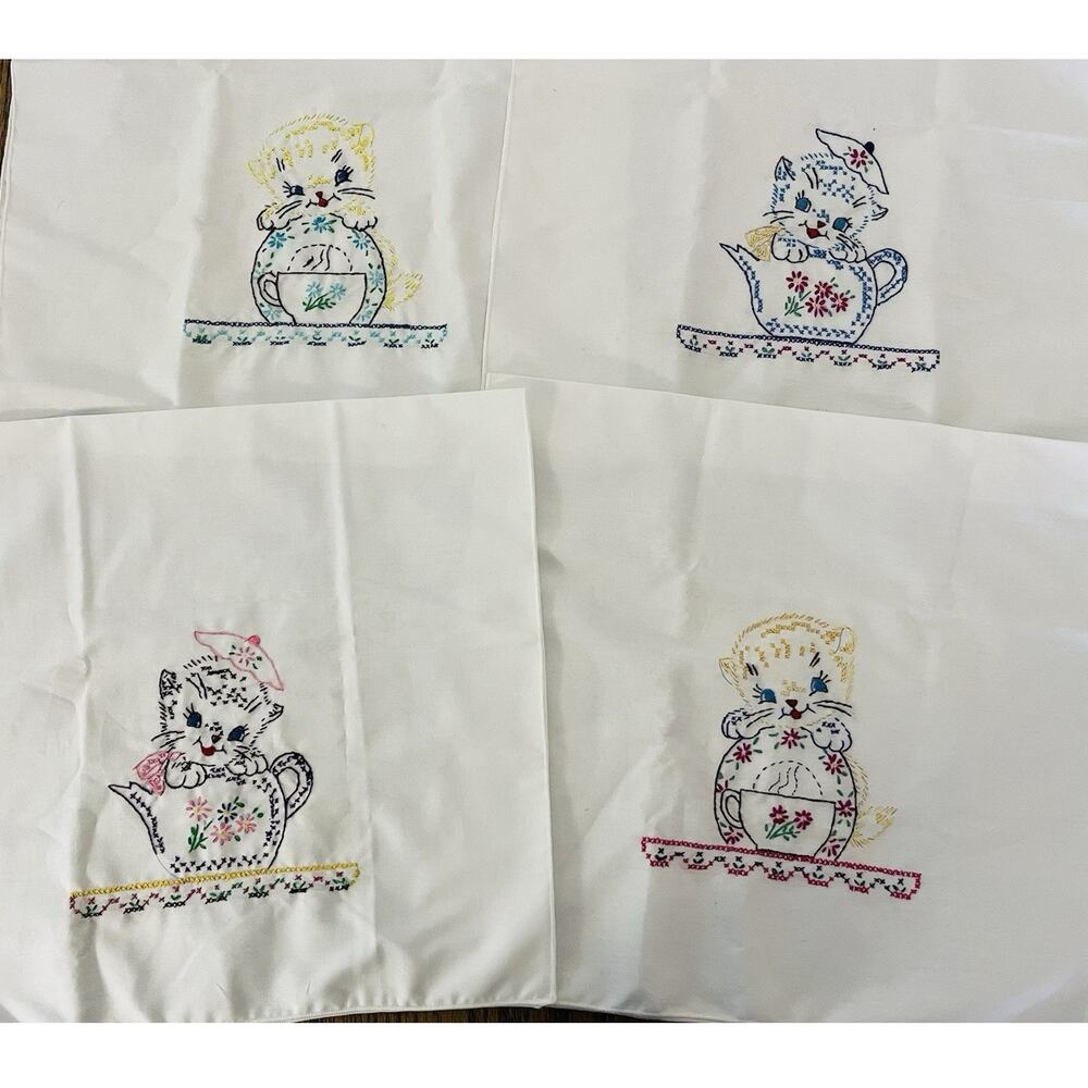 Hand Embroidered Dish Towel Napkins Set 4 Kitten Cats Grandma Chic Cottagecore